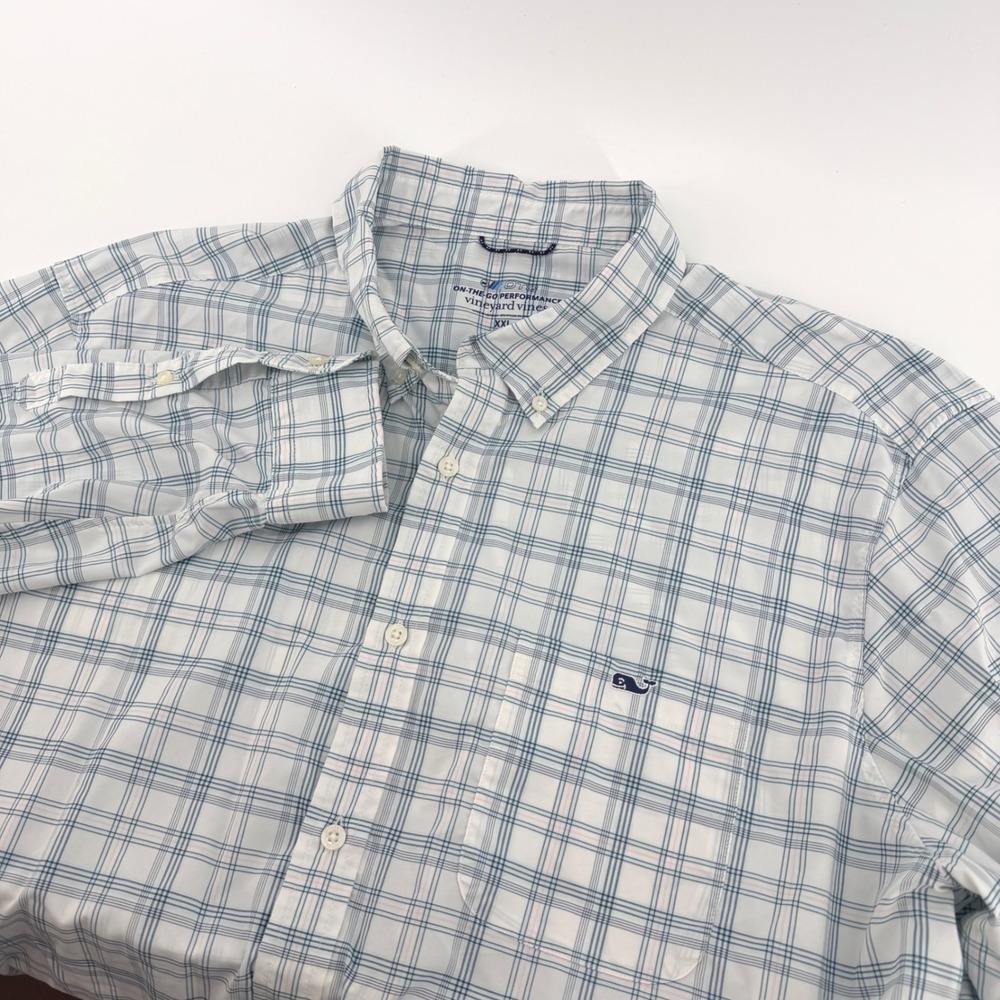 Vineyard Vines Mens XXL On-The-Go Performance Plaid Shirt White Blue 1W012319